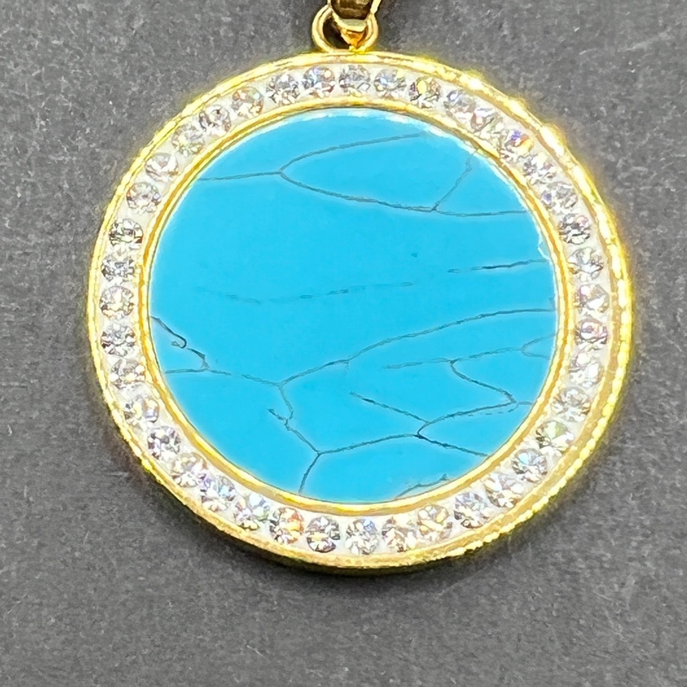 Gold Tone Stainless Steel Turquoise Style Round Pendant w/Crystal Halo 1 1/4”